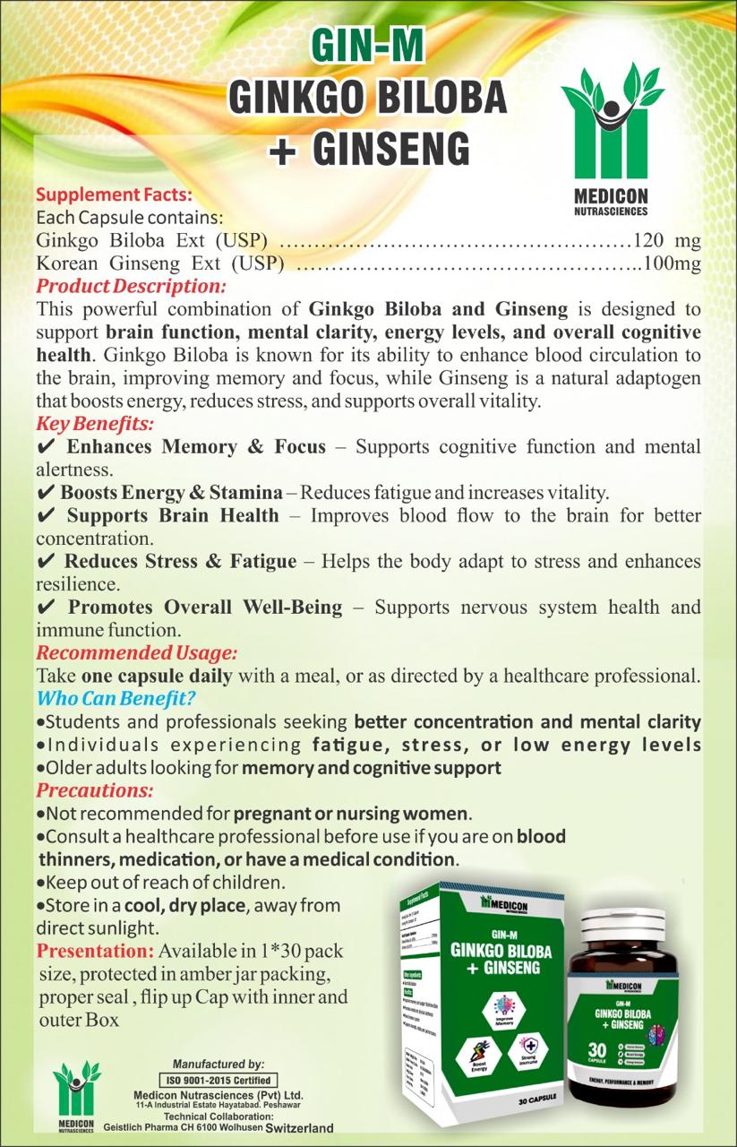 Ginkgo + Ginseng ( Energy, Performance & Memory ) 30 Capsules.