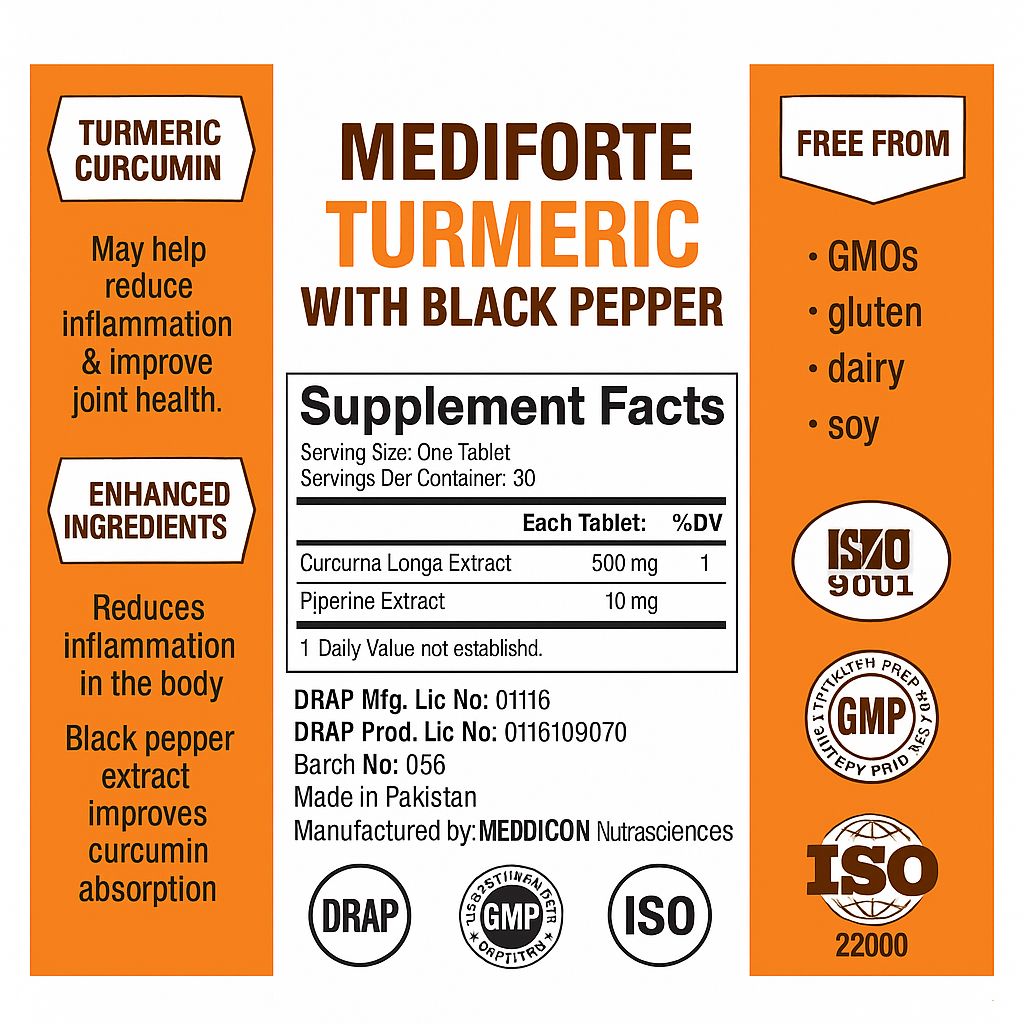"Pack of 3 Mediforte Advanced Turmeric Curcumin Formula with Black Pepper Extract – High Potency Antioxidant Support for Joint Health, Inflammation Relief, and Enhanced Absorption" 90Tablets