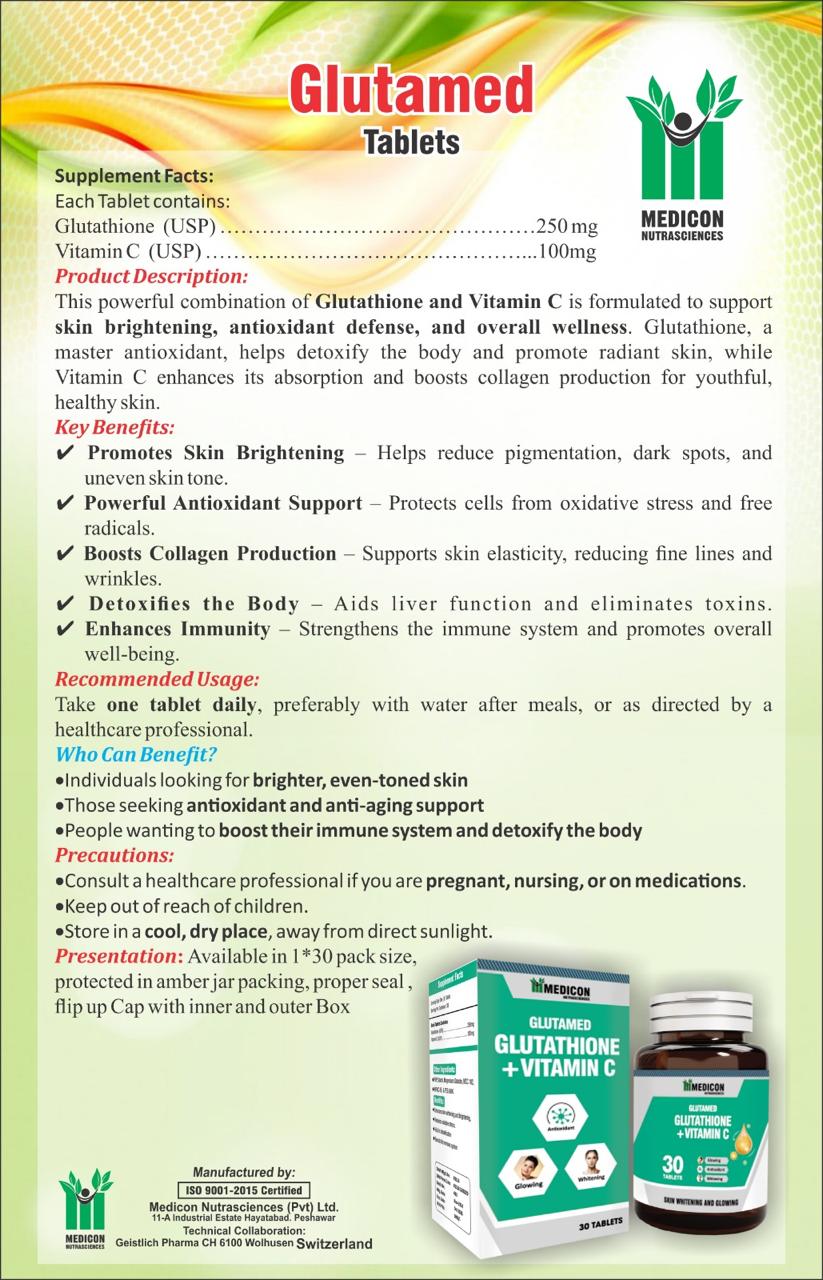 "PACK OF 3 Glutamed Glutathione 250, Vitamin C 100: Advanced Skin Brightening and Glowing Enhancement - 30 Tablets" (3 Months Complete Course)