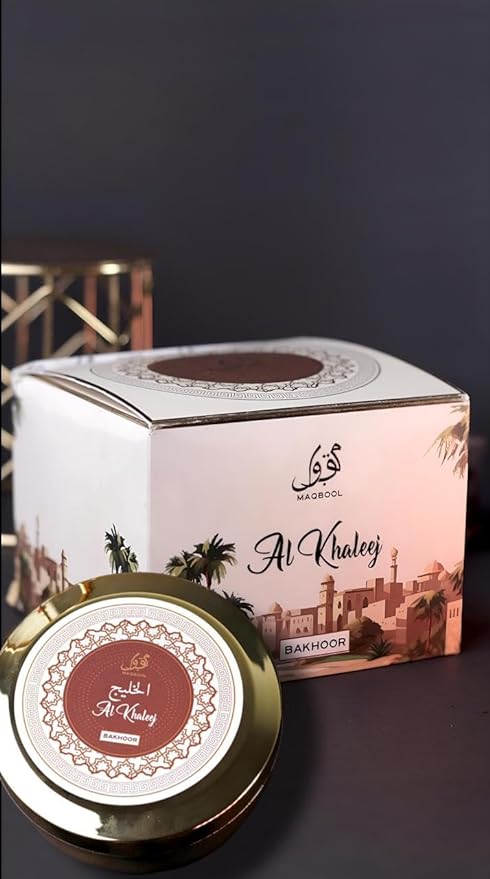 "Al Khaleej Bakhoor by Maqbool - Arabic Incense | 50g Handmade, Luxurious Jar | Premium Ingredients: Oud, Agarwood, Musk, Sandal, Amber | Perfect for home,office