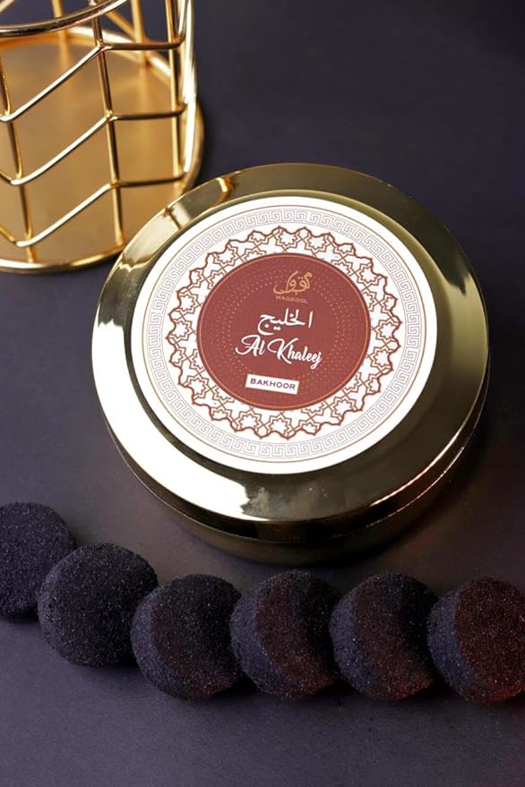 "Al Khaleej Bakhoor by Maqbool - Arabic Incense | 50g Handmade, Luxurious Jar | Premium Ingredients: Oud, Agarwood, Musk, Sandal, Amber | Perfect for home,office