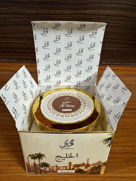 "Al Khaleej Bakhoor by Maqbool - Arabic Incense | 50g Handmade, Luxurious Jar | Premium Ingredients: Oud, Agarwood, Musk, Sandal, Amber | Perfect for home,office