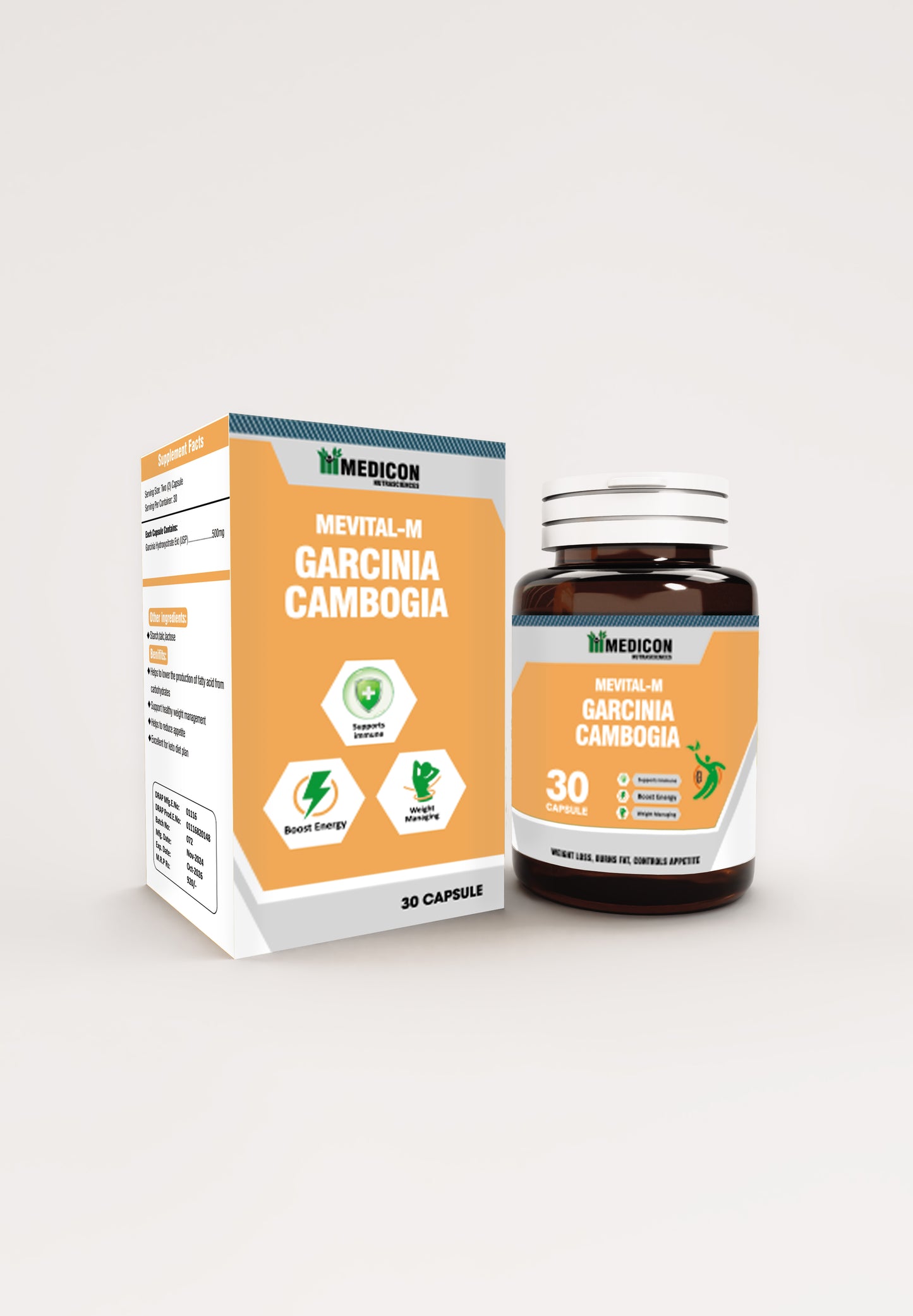 Mevital-M Garcinia Cambogia Capsules For (Loss Weight, Burns Fat, Control Appetite) 30 Capsules