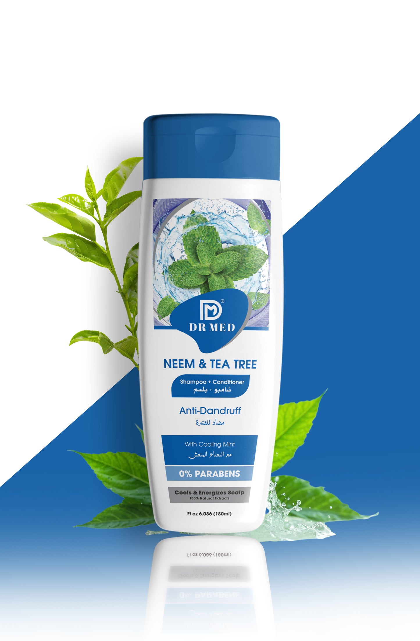 DR MED NEEM & TEA TREE (Shampoo + Conditioner) For Anti-Dandruff With Cooling Mint 0% Parabens Cools & Energizes Scalp 100% Natural Extract 180ml