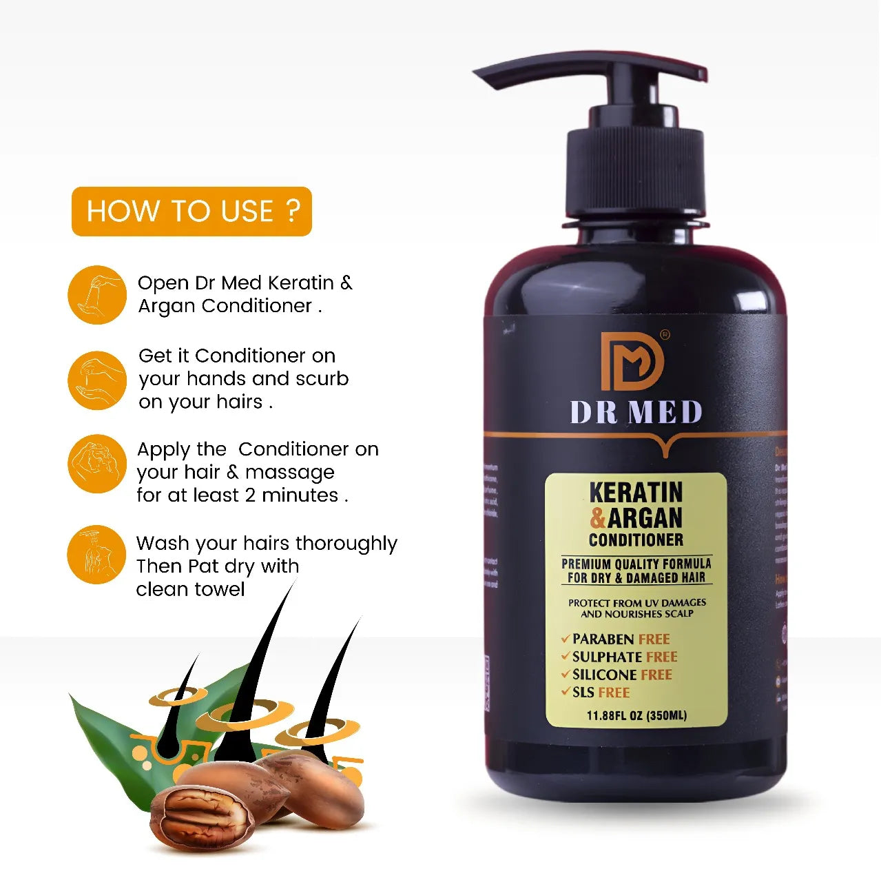 "DR MED Keratin and Argan Conditioner: Strengthening Hydration for Luxurious Hair - 350ML