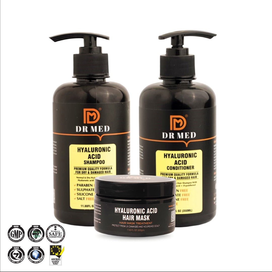 "DR MED Hyaluronic Acid Hair Care Trio: Shampoo, Conditioner, and Mask for Hydration and Renewal"