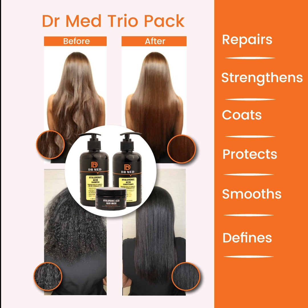 "DR MED Hyaluronic Acid Hair Care Trio: Shampoo, Conditioner, and Mask for Hydration and Renewal"