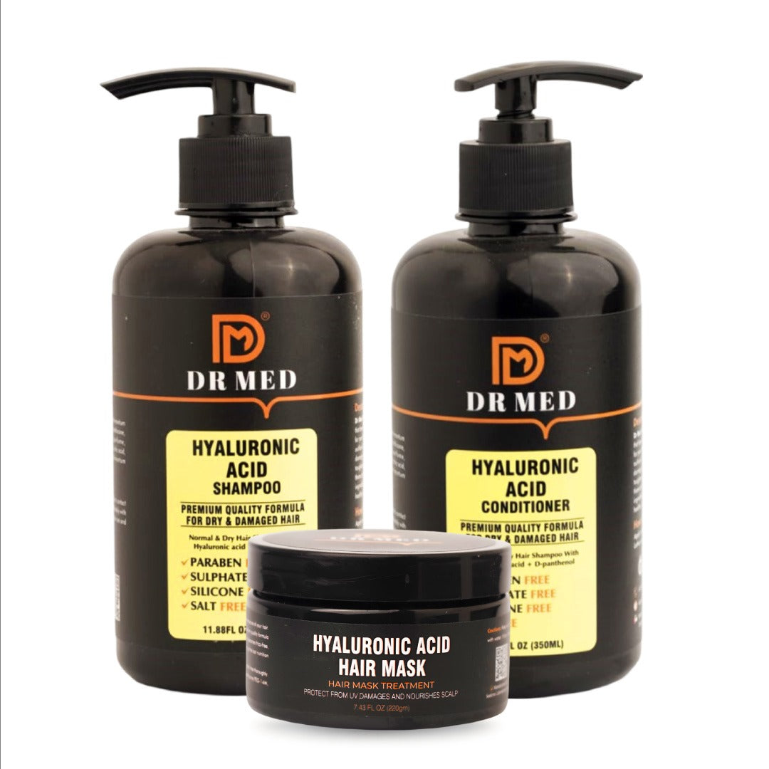 "DR MED Hyaluronic Acid Hair Care Trio: Shampoo, Conditioner, and Mask for Hydration and Renewal"