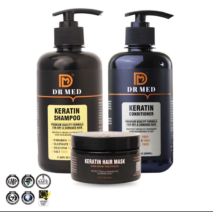 "DR MED Keratin Haircare Trio: Shampoo, Conditioner, and Hair Mask for Revitalized Locks"