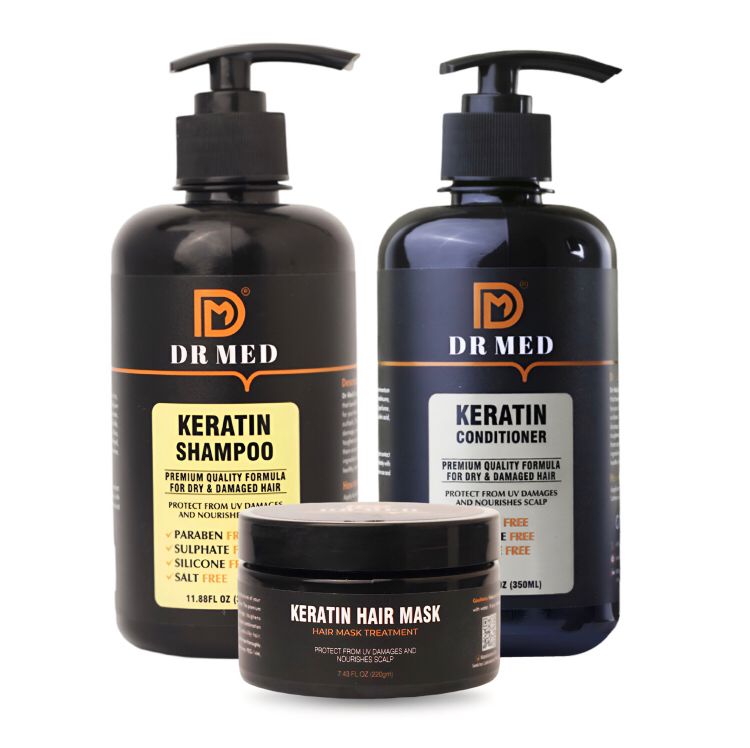 "DR MED Keratin Haircare Trio: Shampoo, Conditioner, and Hair Mask for Revitalized Locks"