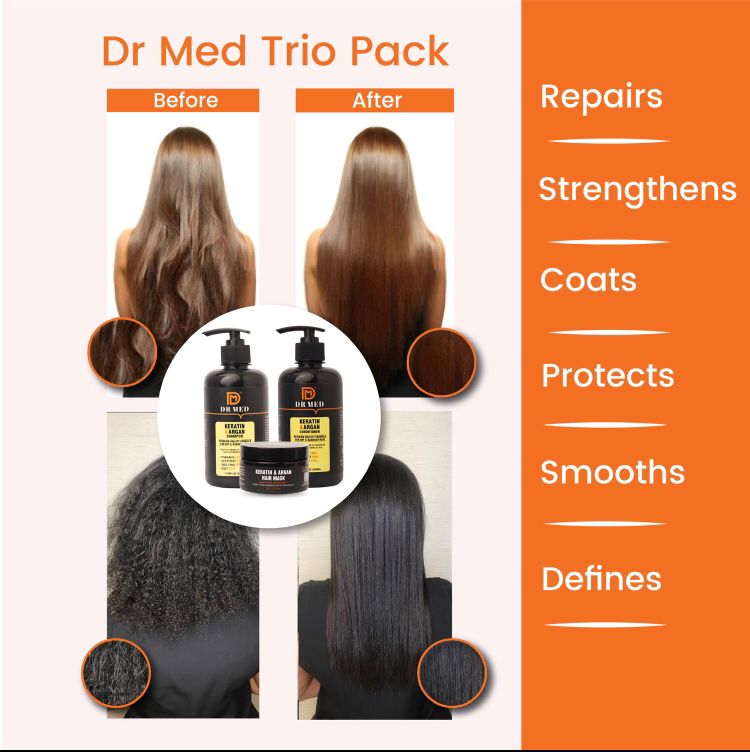 "DR MED Keratin & Argan Hair Revitalization Set: Shampoo, Conditioner, and Mask Trio"