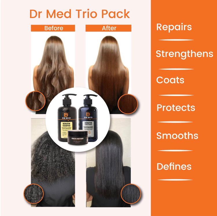 "DR MED Keratin Haircare Trio: Shampoo, Conditioner, and Hair Mask for Revitalized Locks"