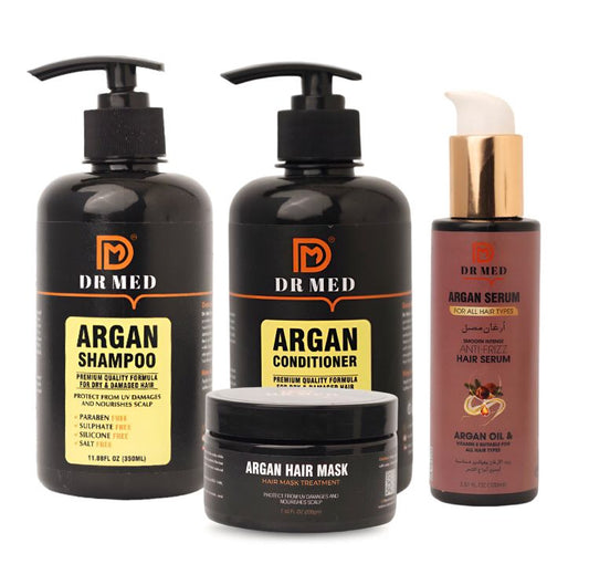 "DR MED Argan Infusion: 4-Piece Hair Care Essentials - Shampoo, Conditioner, Hair Mask, and Hair Serum for Silky, Nourished Tresses"