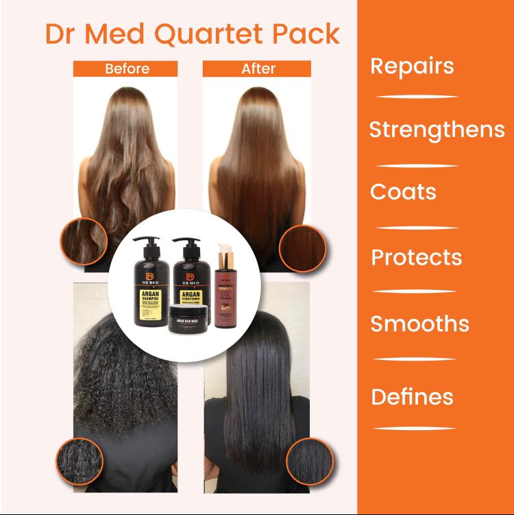 "DR MED Argan Infusion: 4-Piece Hair Care Essentials - Shampoo, Conditioner, Hair Mask, and Hair Serum for Silky, Nourished Tresses"