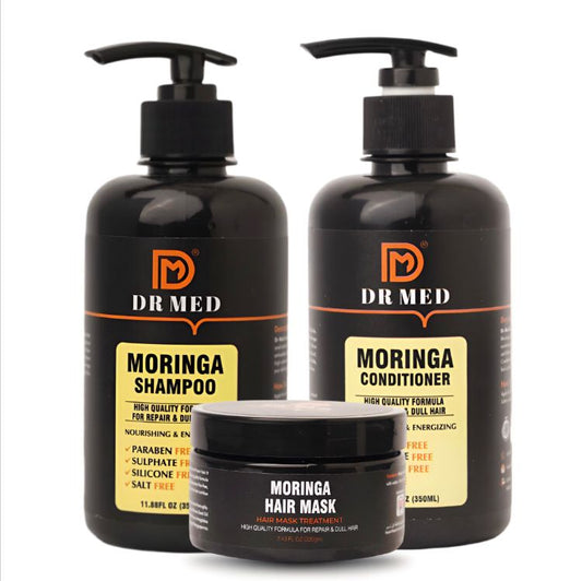 DR MED Moringa Shampoo, Conditioner, and Hair Mask Pack of 3 – Elevating Quality and Formula for Repairing & Revitalizing Dull Hair"