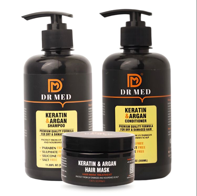 "DR MED Keratin & Argan Hair Revitalization Set: Shampoo, Conditioner, and Mask Trio"