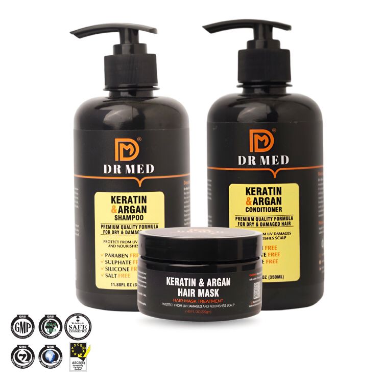 "DR MED Keratin & Argan Hair Revitalization Set: Shampoo, Conditioner, and Mask Trio"