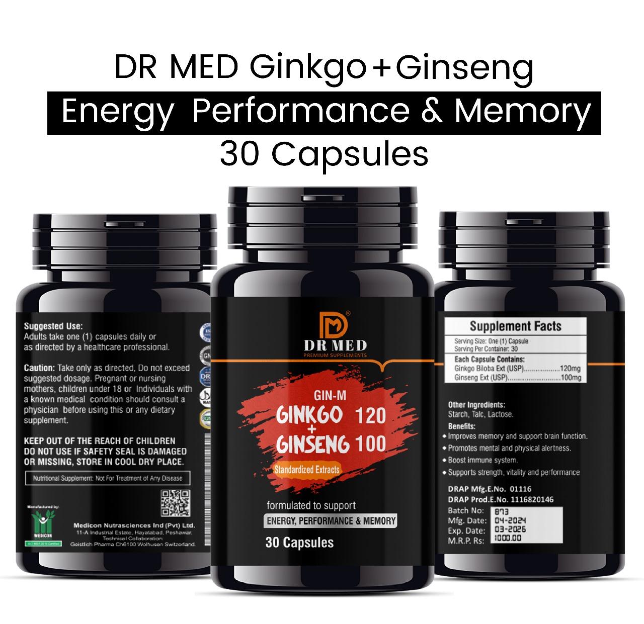 DR MED Ginkgo + Ginseng ( Energy, Performance & Memory ) 30 Capsules.