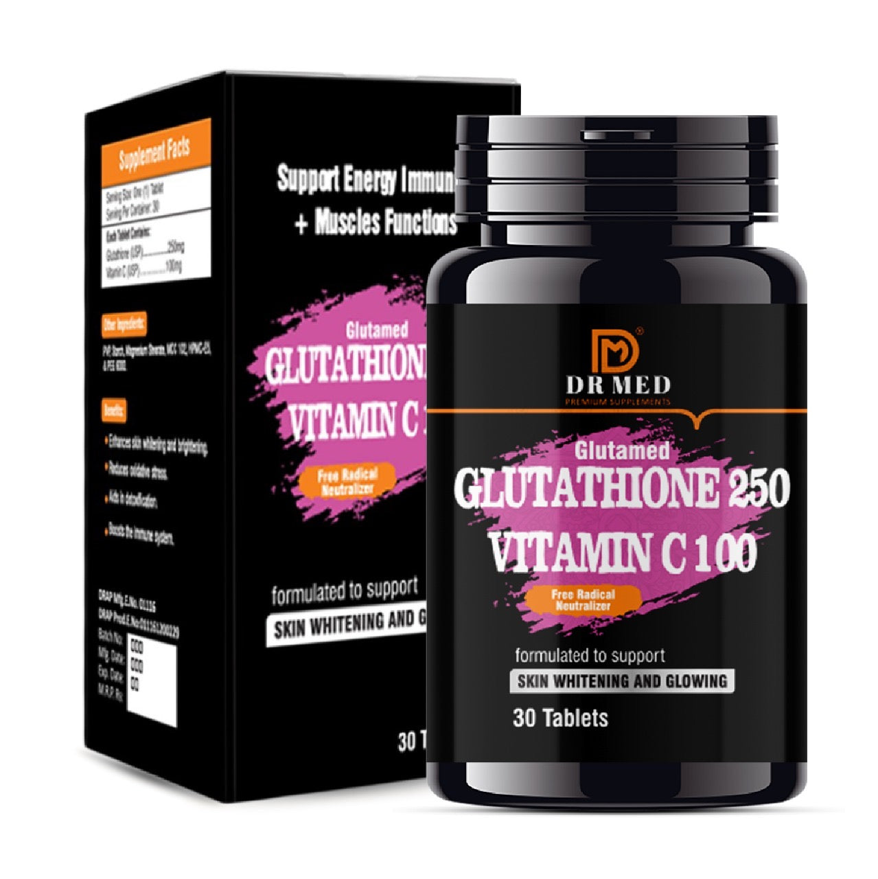 "DR MED Glutamed Glutathione 250, Vitamin C 100: Advanced Skin Brightening and Glowing Enhancement - 30 Tablets"