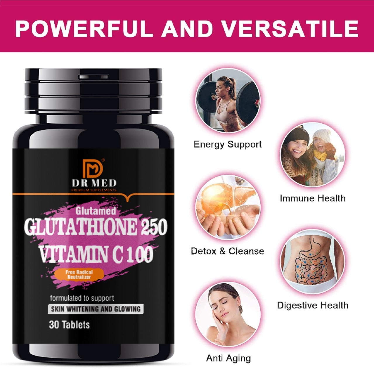 "DR MED Glutamed Glutathione 250, Vitamin C 100: Advanced Skin Brightening and Glowing Enhancement - 30 Tablets"