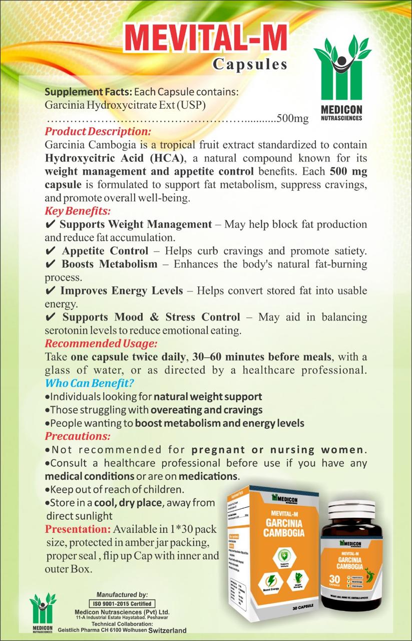 Mevital-M Garcinia Cambogia Capsules For (Loss Weight, Burns Fat, Control Appetite) 30 Capsules