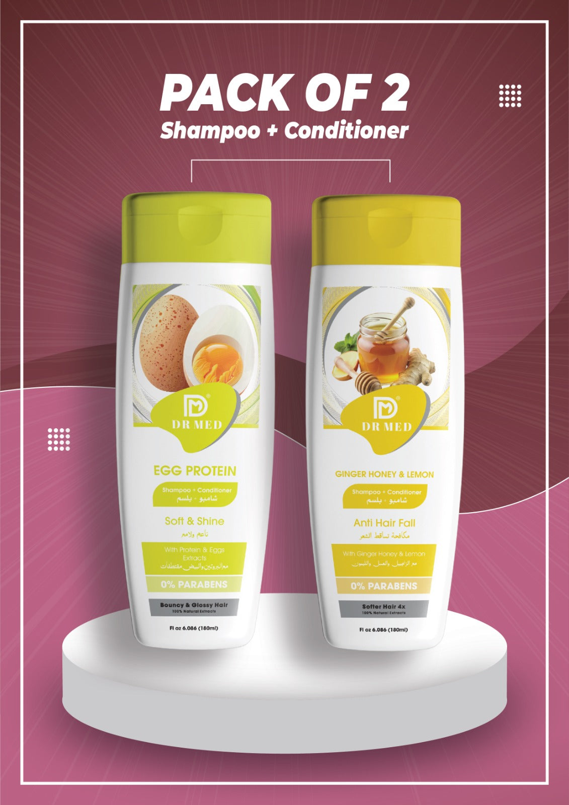Pack of 2 "Egg Protein + Ginger Honey & Lemon" Shampoo & Conditioner Set – Strength, Shine & Anti-Hair Fall Formula – Deep Nourishment & Repair 180ml