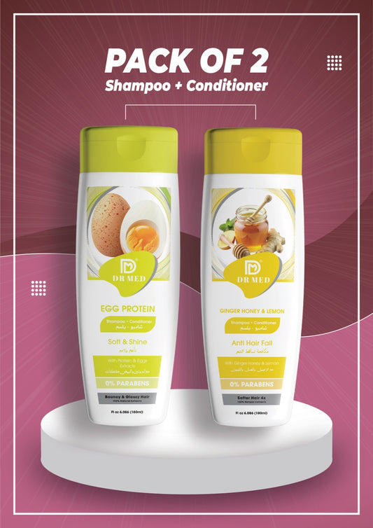 Pack of 2 "Egg Protein + Ginger Honey & Lemon" Shampoo & Conditioner Set – Strength, Shine & Anti-Hair Fall Formula – Deep Nourishment & Repair 180ml