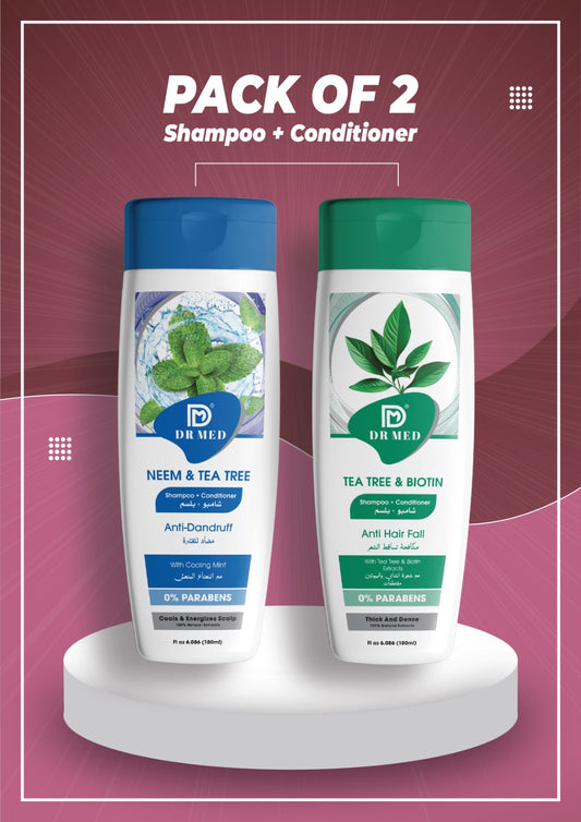 DR MED Pack of 2 Shampoo + Conditioner – Tea Tree & Biotin, Neem & Tea Tree – Anti-Dandruff, Hair Fall Control & Scalp Nourishment 180ml