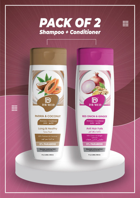 Pack of 2: Red Onion & Ginger + Papaya & Coconut Shampoo & Conditioner – Strengthens Hair, Reduces Hair Fall & Boosts Shine 180ml