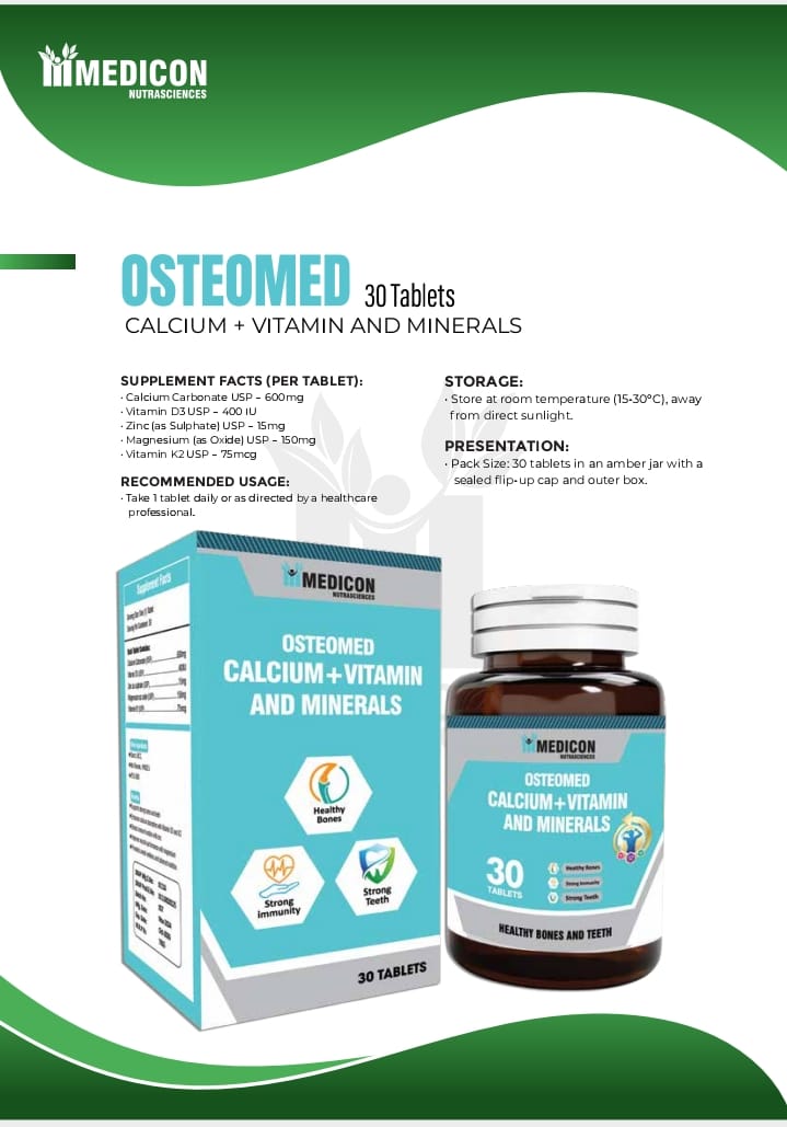 Pack Of 3 "Osteomed" Advanced Calcium Plus Vitamin D3 and K2 Essential Minerals – Comprehensive Bone Health Support for Stronger Bones and Improved Absorption 30Tablets