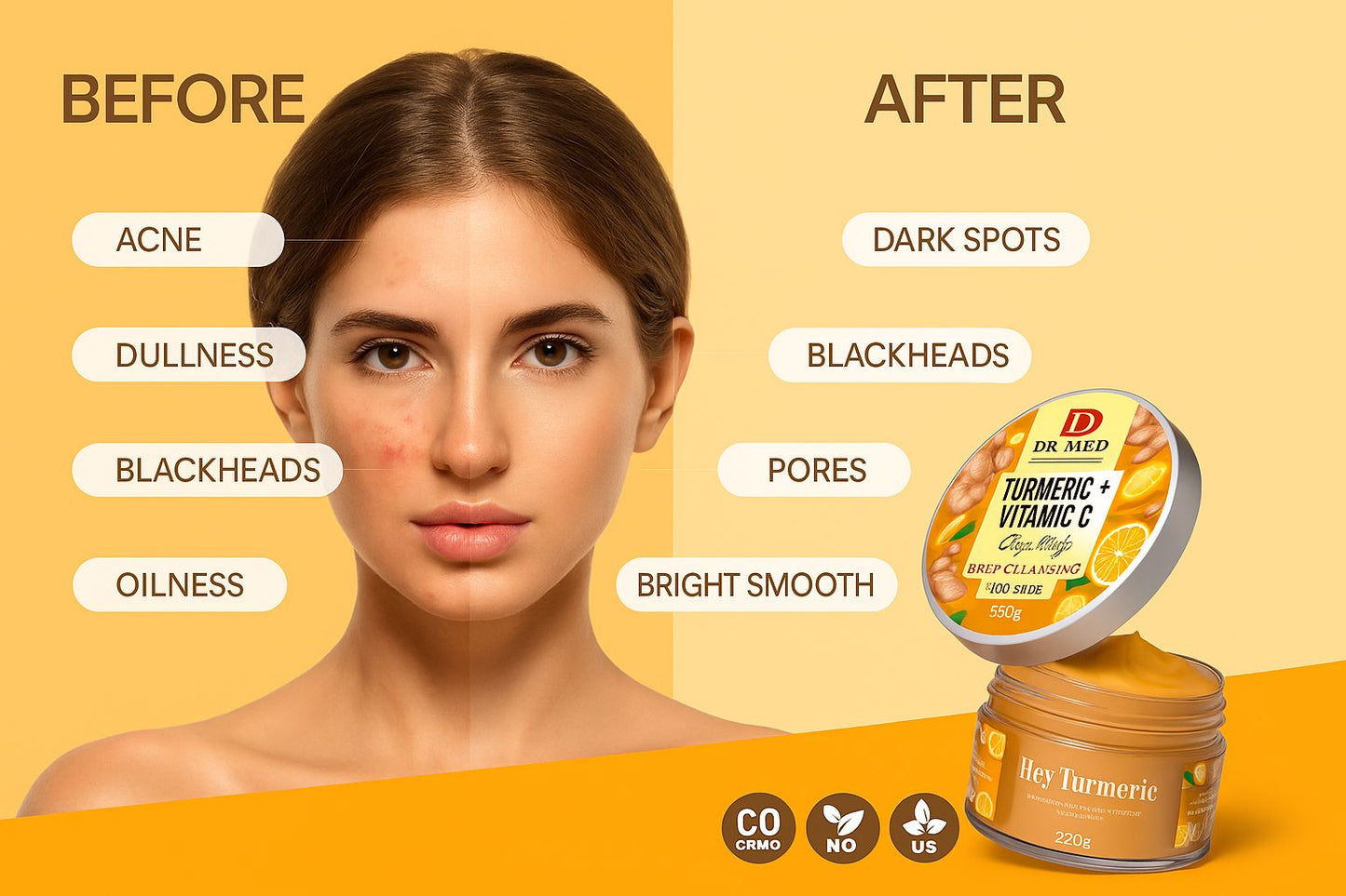 DR MED Turmeric + Vitamin C Clay Mask – Deep Cleansing Face Mask for Glowing Skin, Dark Spot Removal & Improved Complexion – 220g