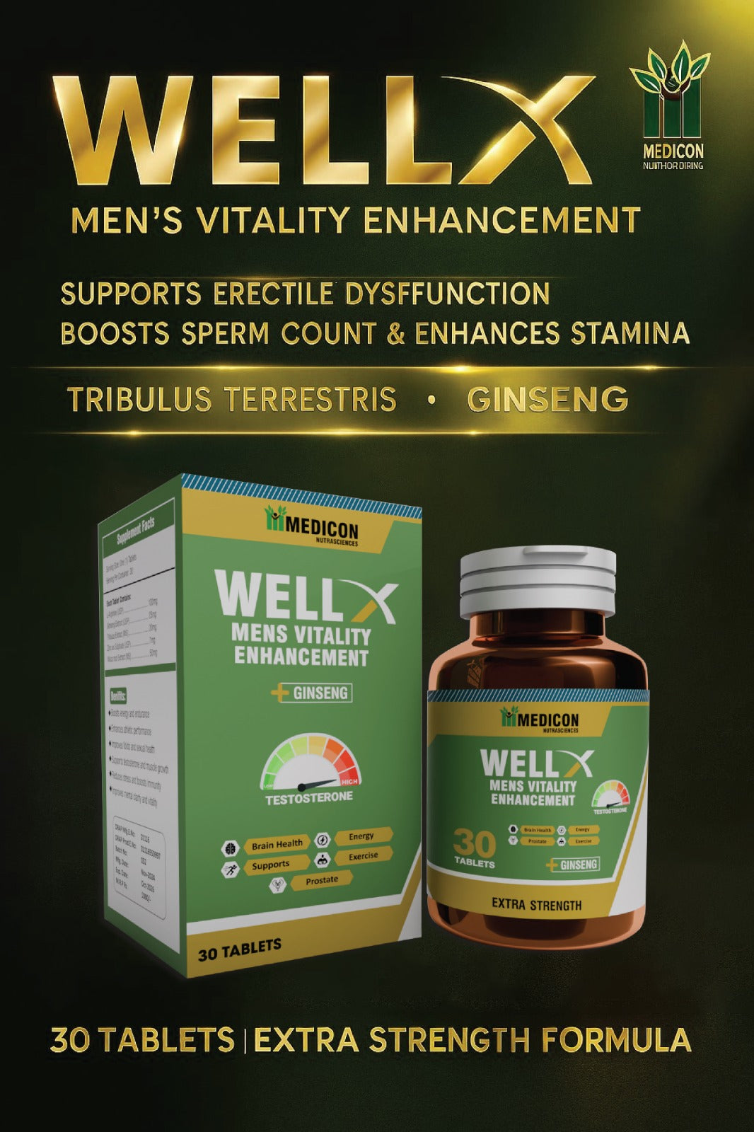 WELL-X Men's Vitality & Strength Formula – Infused Energy Booster for Stamina (30 Tablets)