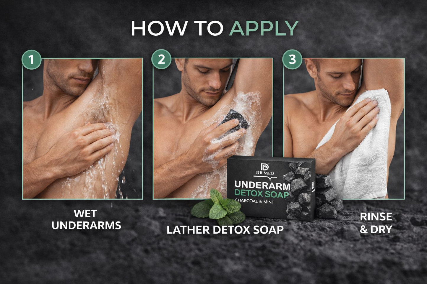 DR MED Underarm Detox Soap with Charcoal & Mint helps deeply cleanse underarms, control odor, and provide long-lasting freshness. 100% vegan, cruelty-free, and suitable for daily use by both men and women.