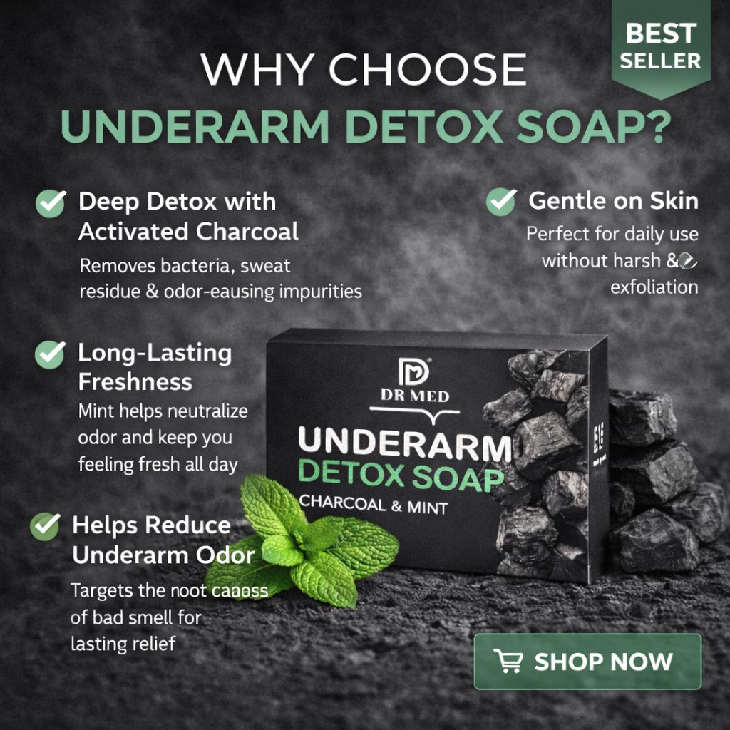 DR MED Underarm Detox Soap with Charcoal & Mint helps deeply cleanse underarms, control odor, and provide long-lasting freshness. 100% vegan, cruelty-free, and suitable for daily use by both men and women.