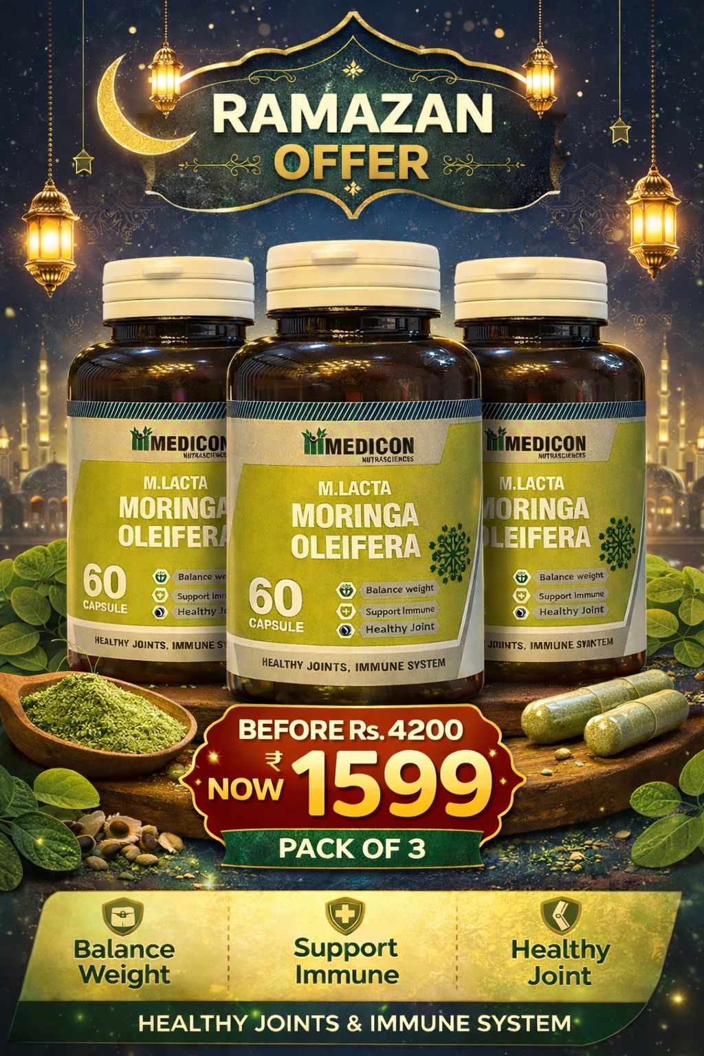 Pack of 3 - M-LACTA  (Moringa Oleifera) – Herbal Superfood for Energy, Immunity & Lactation Support – Rich in Vitamins, Minerals & Antioxidants for Overall Wellness (3 Months Complete Course) Total 180 Capsules