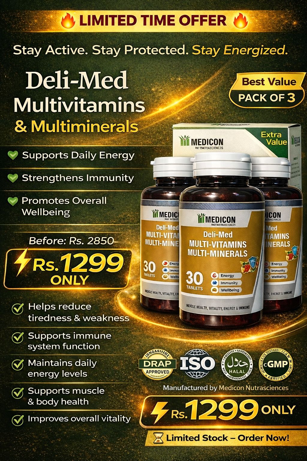 PACK OF 3 Deli-Med Multi-Vitamins & Minerals (Immunity, Energy Realse, Vitality, Skin & Hair 90Tablets