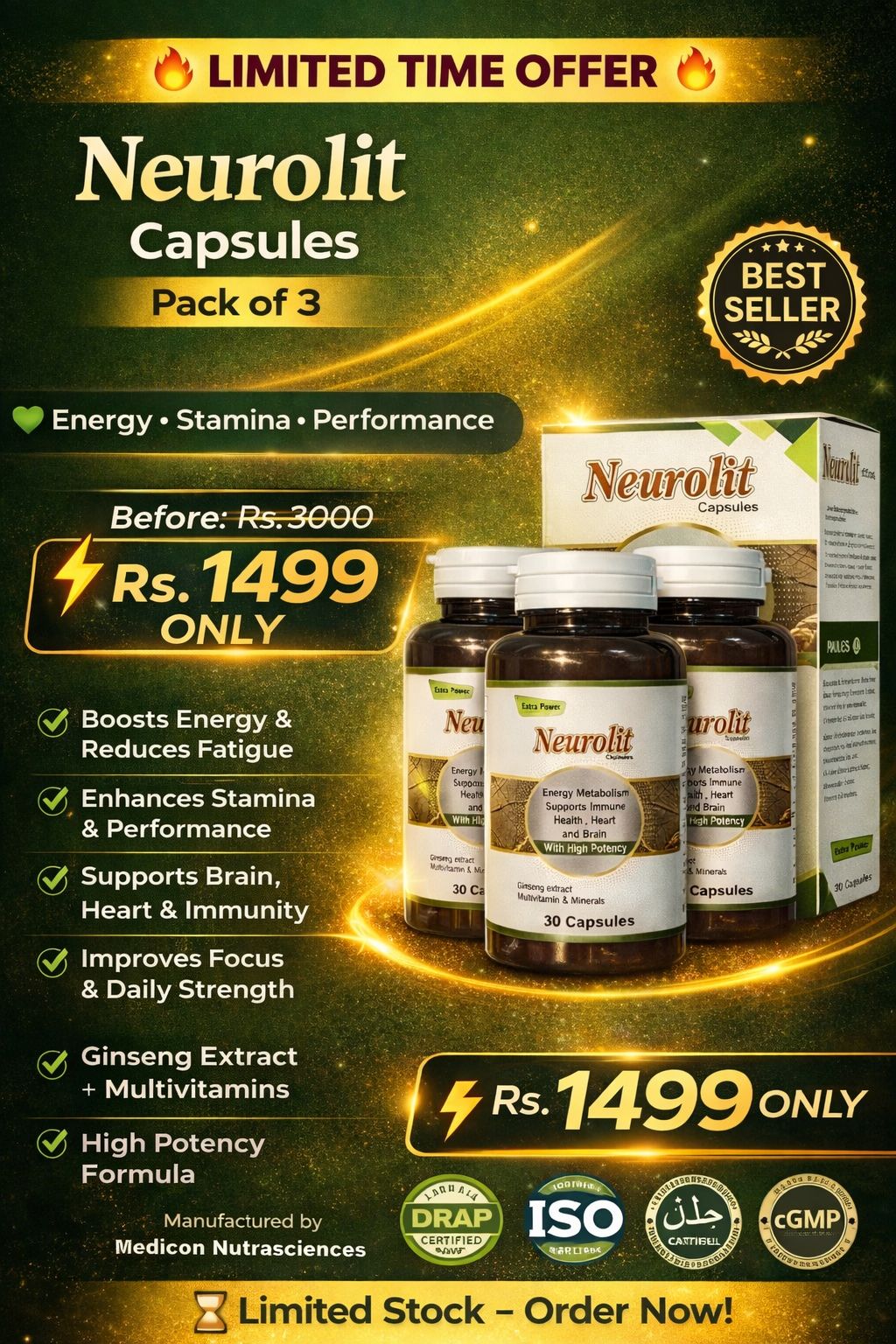 Pack of 3 Neurolit Capsules (Extract MultiVitamin & Minerals - Energy Metabolism Supports Immune Health, Heart and Brain With High Potency) 90 Capsules