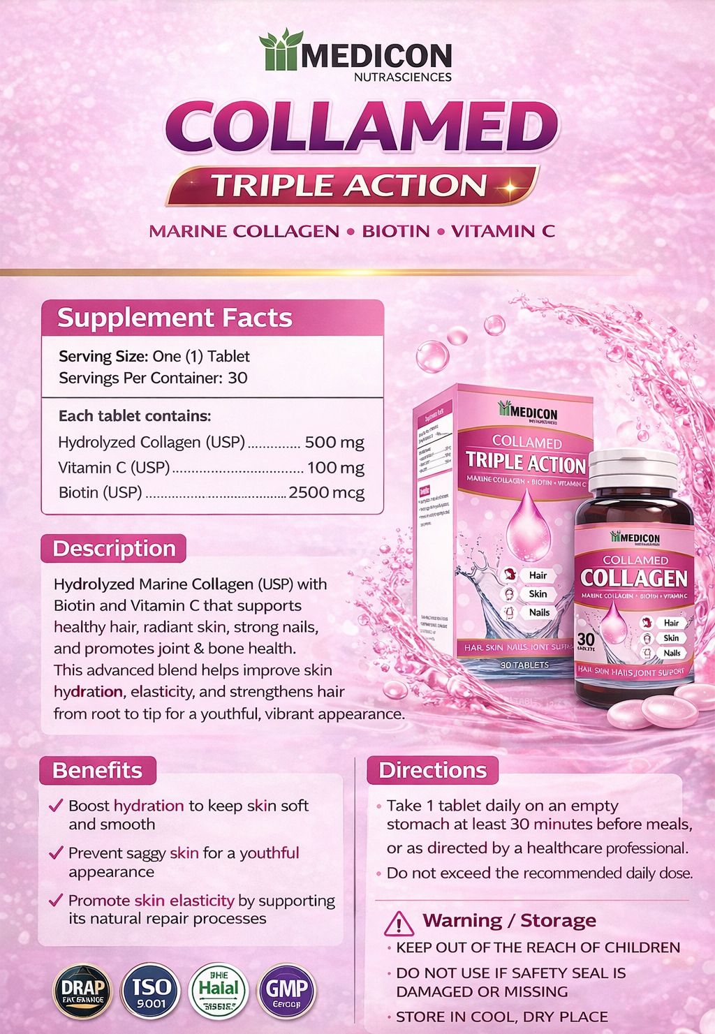 Collamed Collagen Supplement Marine Collagen + Biotin + Vitamin C for Skin Glow, Hair Growth, & Reduce Wrinkles & Aging 30 Tablets