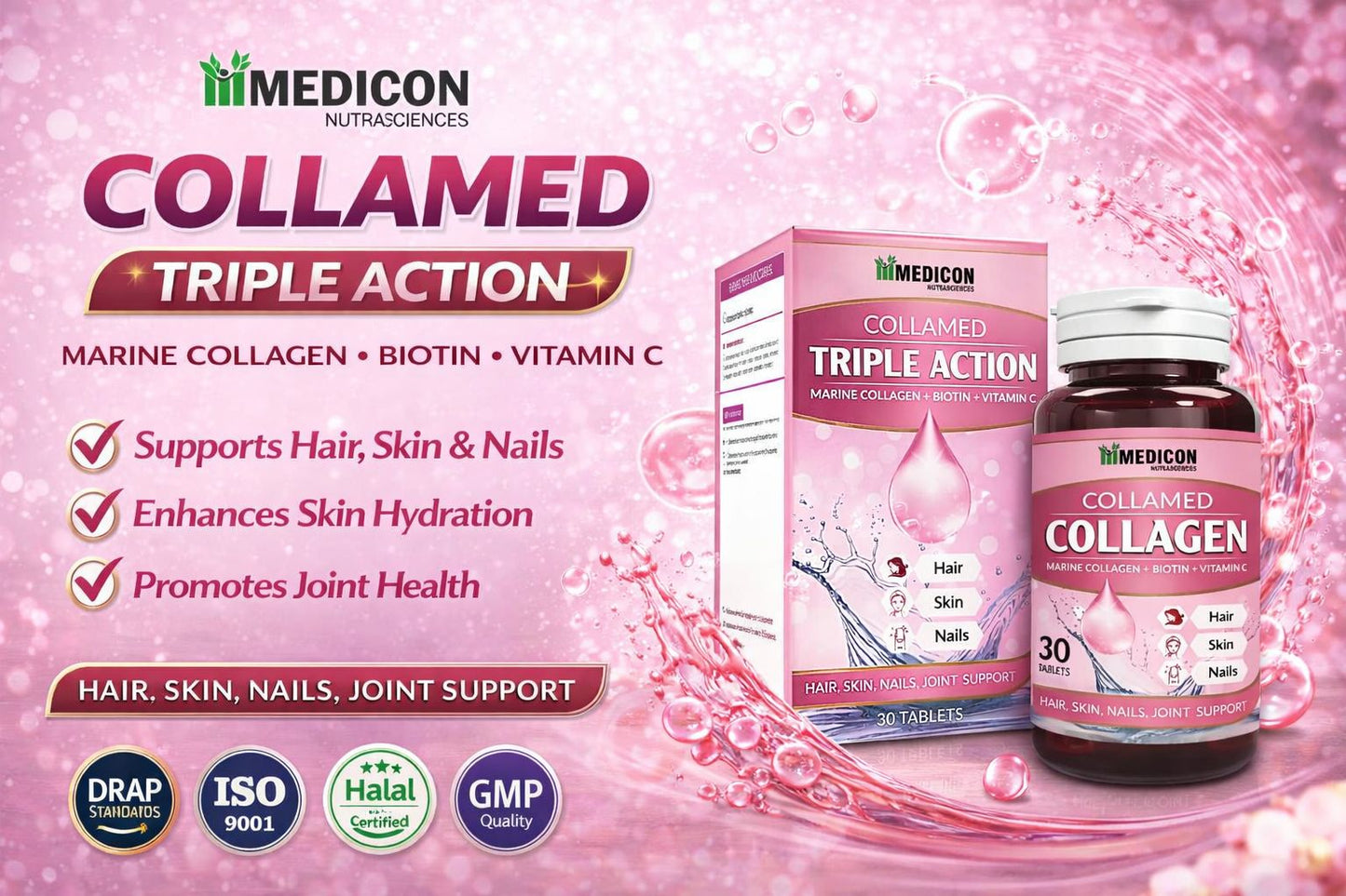 Collamed Collagen Supplement Marine Collagen + Biotin + Vitamin C for Skin Glow, Hair Growth, & Reduce Wrinkles & Aging 30 Tablets
