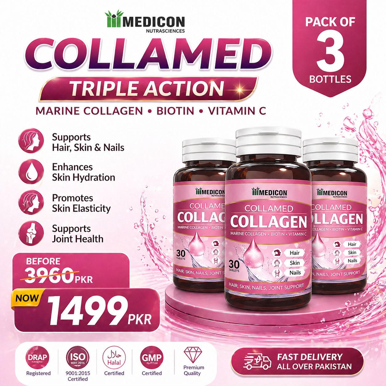 Pack of 3 Collamed Collagen Supplement Marine Collagen + Biotin + Vitamin C for Skin Glow, Hair Growth, & Reduce Wrinkles & Aging 90 Tablets