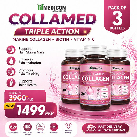 Pack of 3 Collamed Collagen Supplement Marine Collagen + Biotin + Vitamin C for Skin Glow, Hair Growth, & Reduce Wrinkles & Aging 30 Tablets