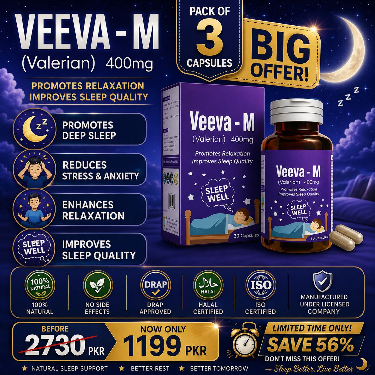 Veeva-M Valerian 400mg – Sleep Wellness & Relaxation. Total 90 Capsules