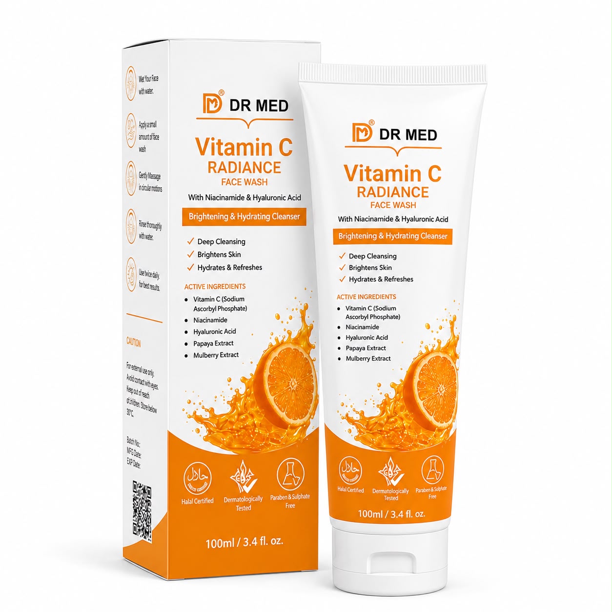 DR MED Vitamin C Radiance Face Wash 100ml | Brightening & Hydrating Cleanser | Niacinamide + Hyaluronic Acid | Deep Cleansing | Skin Glow | Paraben & Sulphate Free