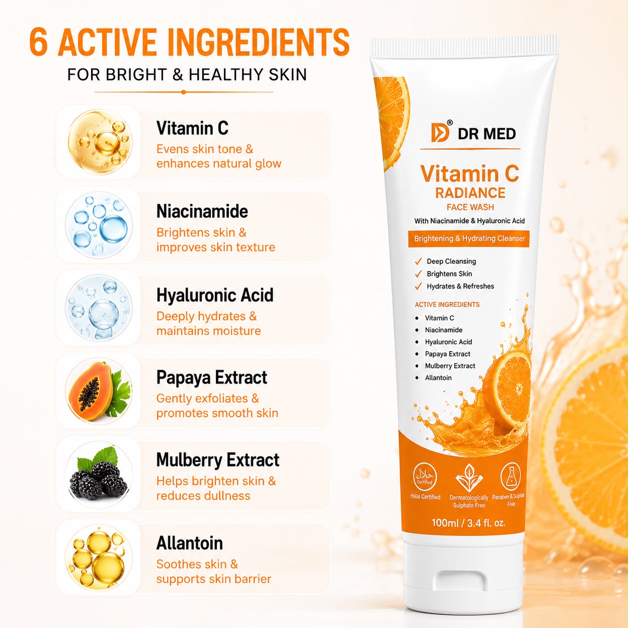 DR MED Vitamin C Radiance Face Wash 100ml | Brightening & Hydrating Cleanser | Niacinamide + Hyaluronic Acid | Deep Cleansing | Skin Glow | Paraben & Sulphate Free