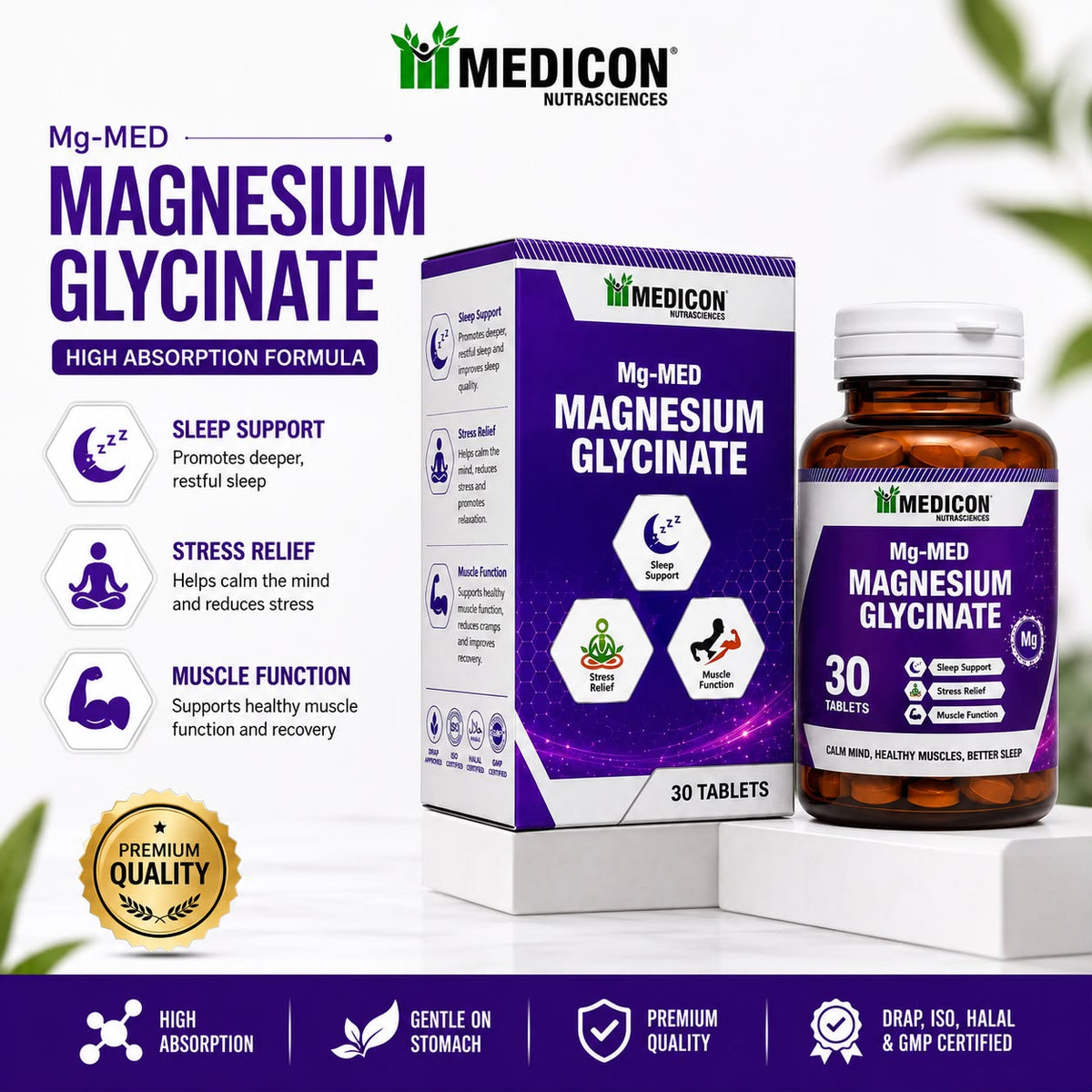Mg-MED Magnesium Glycinate 30 Tablets – Magnesium Supplement for Sleep Support, Stress Relief, Muscle Function & Relaxation