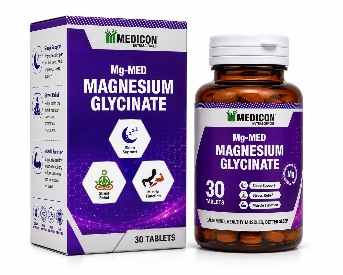 Pack of 3 Mg-MED Magnesium Glycinate 90 Tablets – Magnesium Supplement for Sleep Support, Stress Relief, Muscle Function & Relaxation