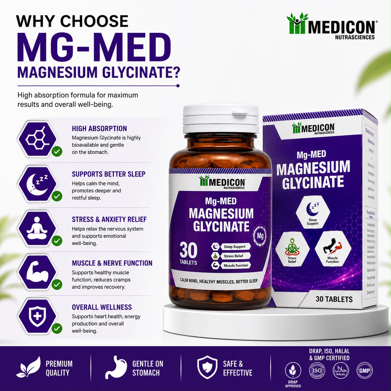 Mg-MED Magnesium Glycinate 30 Tablets – Magnesium Supplement for Sleep Support, Stress Relief, Muscle Function & Relaxation