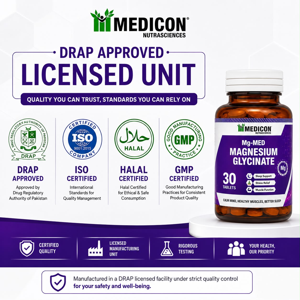 Pack of 3 Mg-MED Magnesium Glycinate 90 Tablets – Magnesium Supplement for Sleep Support, Stress Relief, Muscle Function & Relaxation