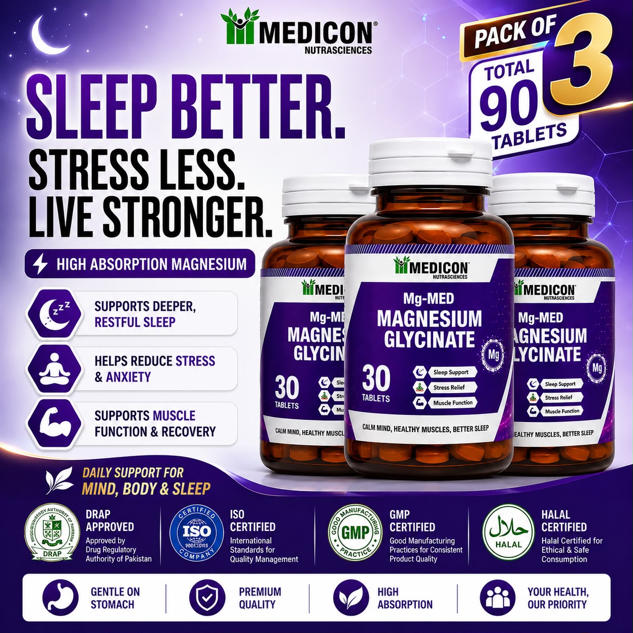 Pack of 3 Mg-MED Magnesium Glycinate 90 Tablets – Magnesium Supplement for Sleep Support, Stress Relief, Muscle Function & Relaxation