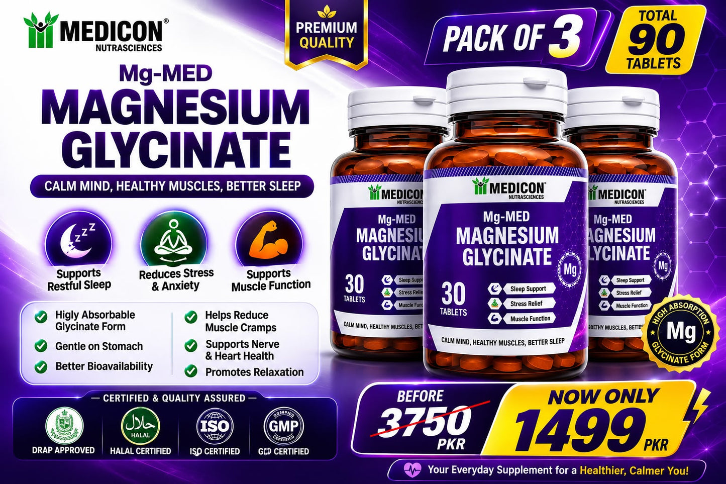 Pack of 3 Mg-MED Magnesium Glycinate 90 Tablets – Magnesium Supplement for Sleep Support, Stress Relief, Muscle Function & Relaxation